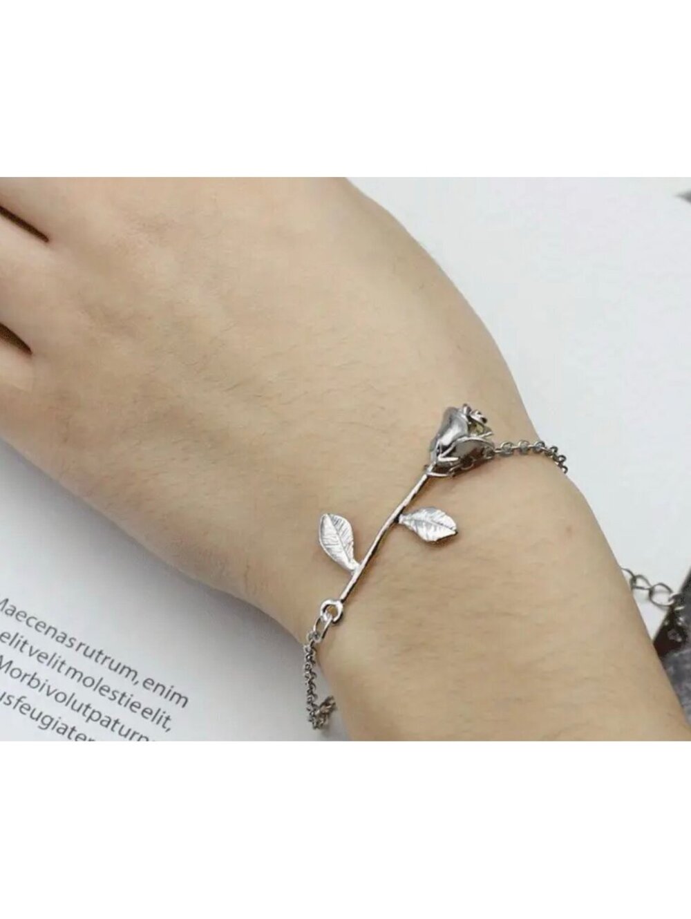New - Retro Silver Plated - Rose Flower Charm Chain Bracelet - Beautifully Desig